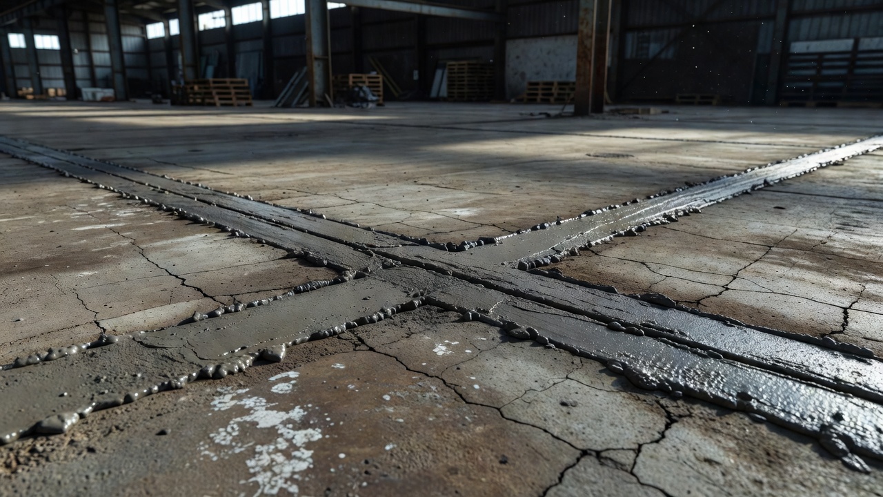 Close-up of a repaired concrete expansion joint in an industrial warehouse