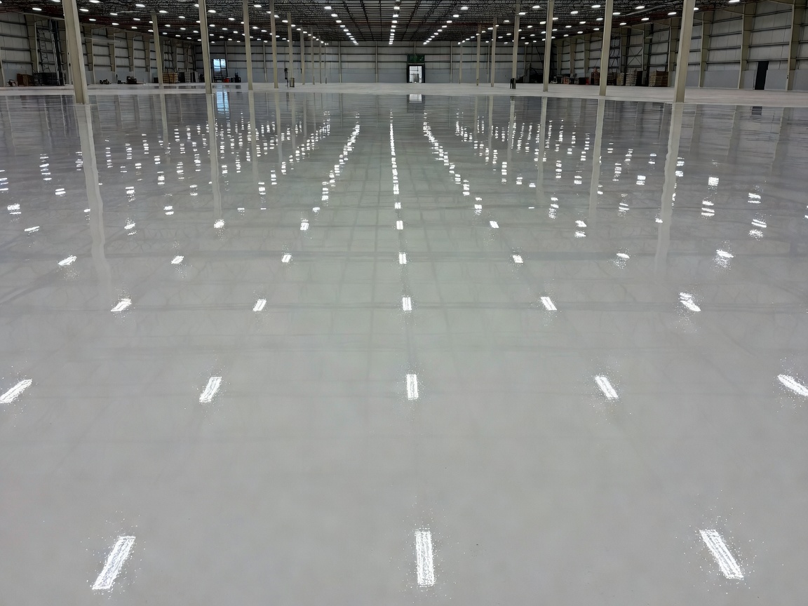 Freshly applied resin coating on a warehouse floor reflecting light