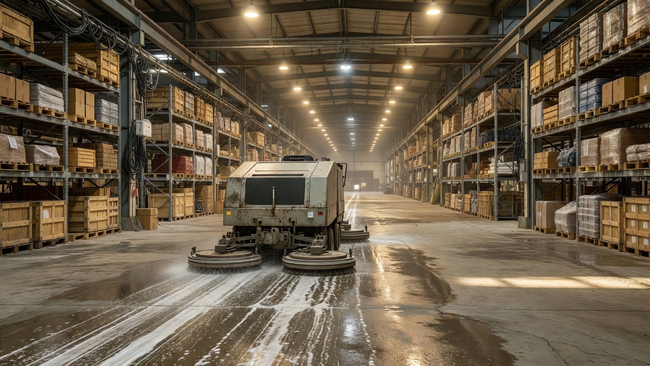 Industrial floor scrubbing machine maintaining a large factory aisle