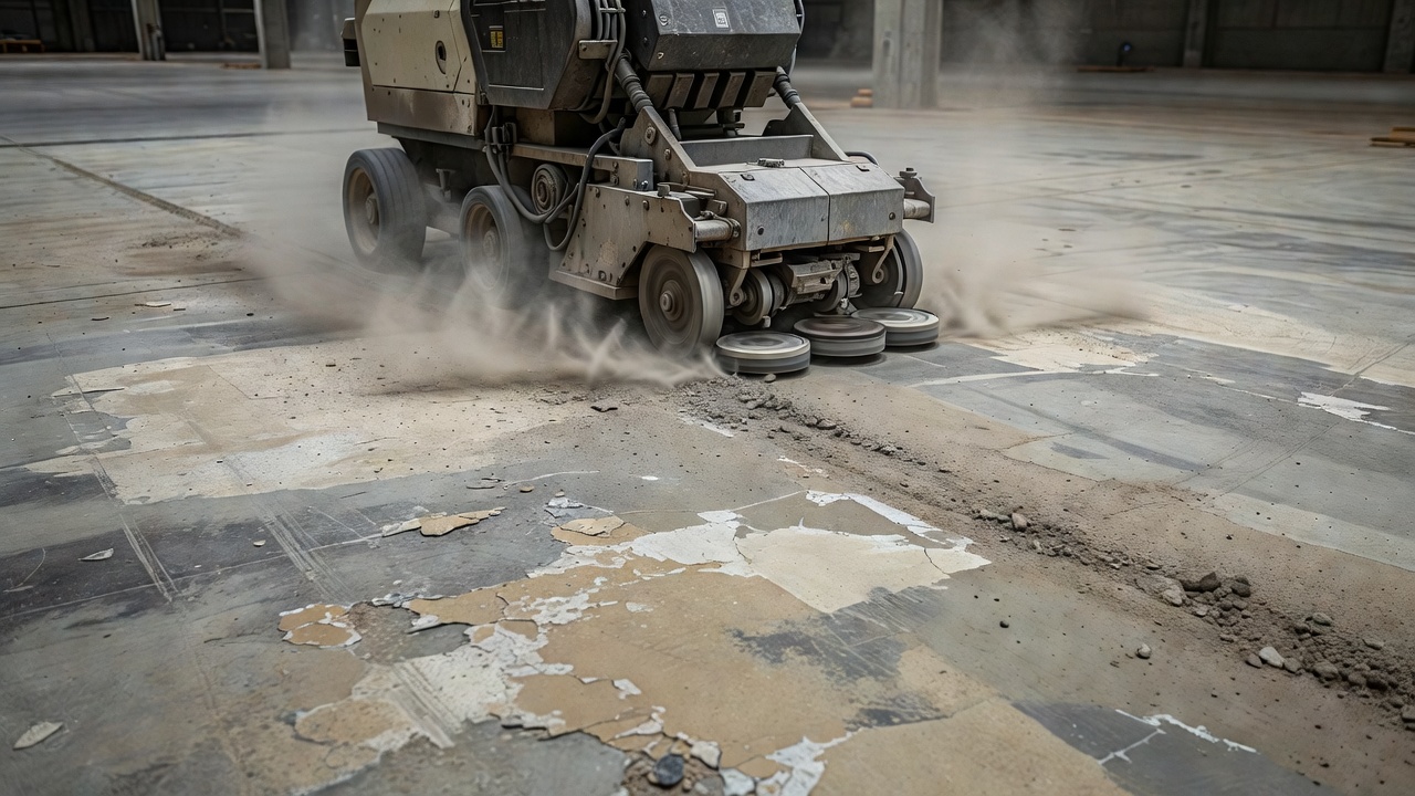 Large mechanical floor grinder removing old coating from industrial concrete