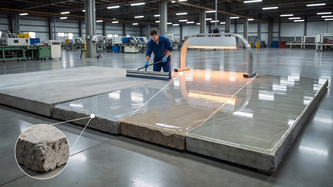 Resin coating layer diagram and application process on factory floor