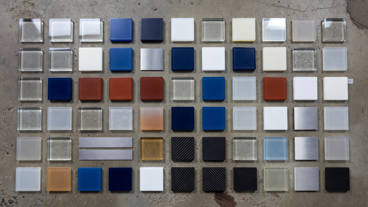 Resin swatches and material comparison samples laid out on industrial concrete