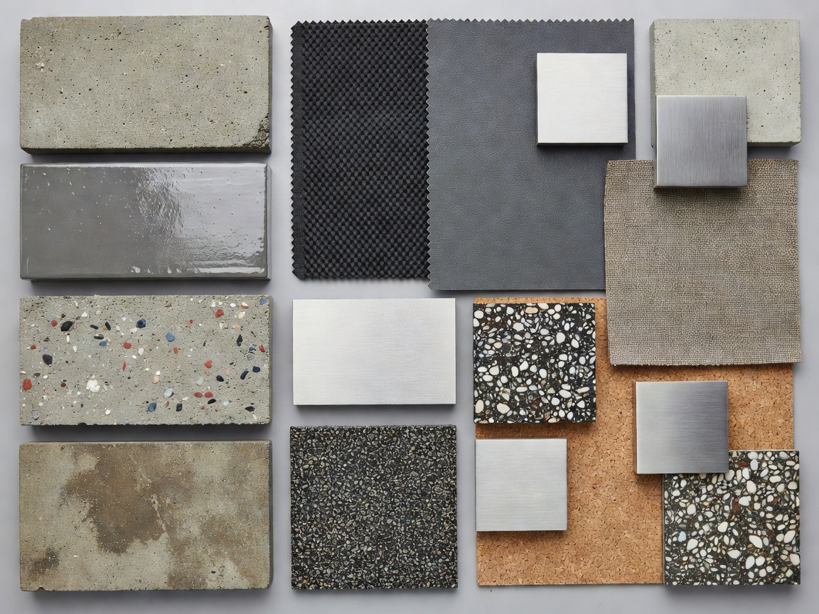 Various material swatches and concrete samples for industrial flooring