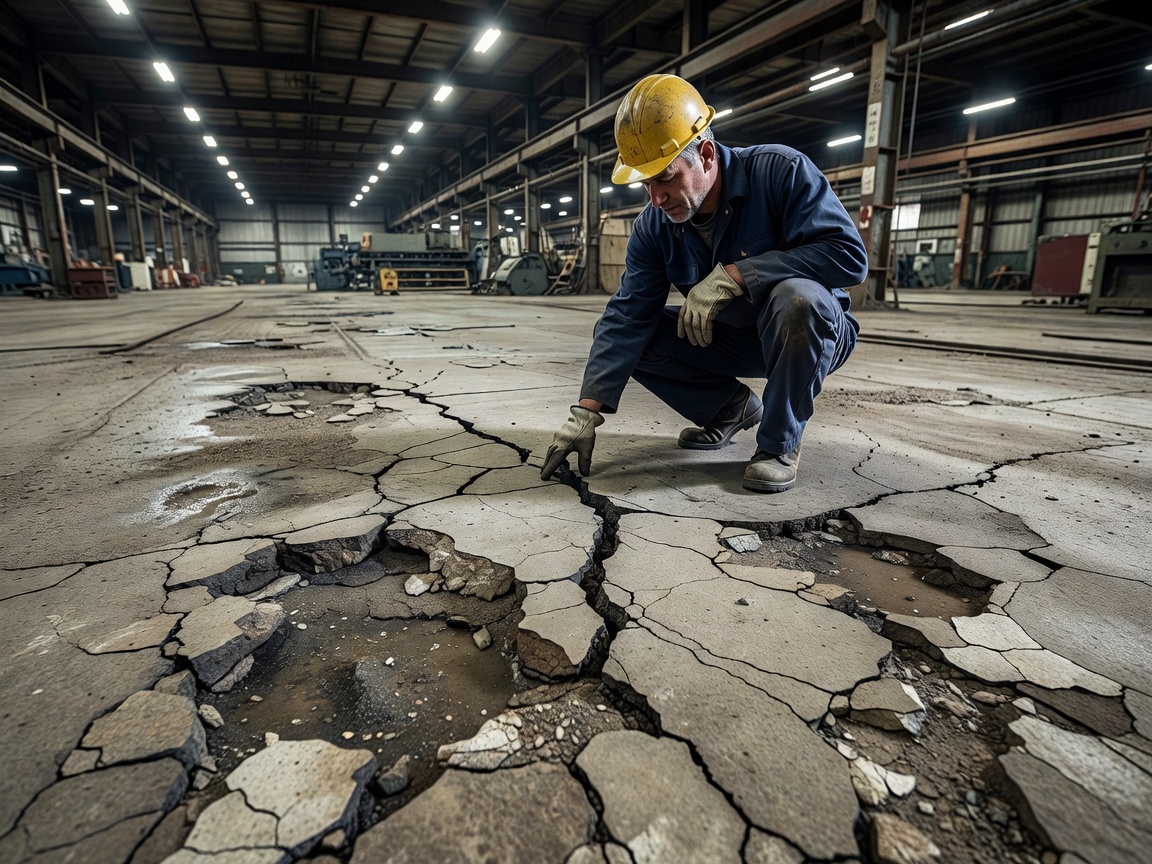 Worker inspecting cracks and spalling on an industrial concrete floor